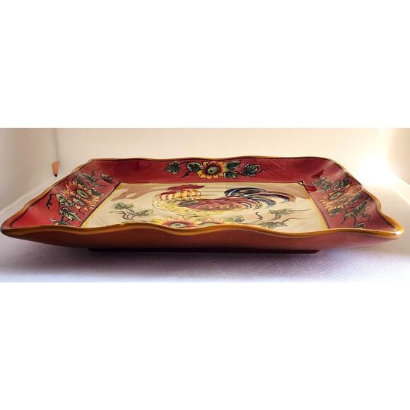 PLATTER/SERVING DISH-GALLO-Ceramic-Rooster-Sunflowers-Ruffled Edge-Decor-11"x11" - Picture 6 of 13